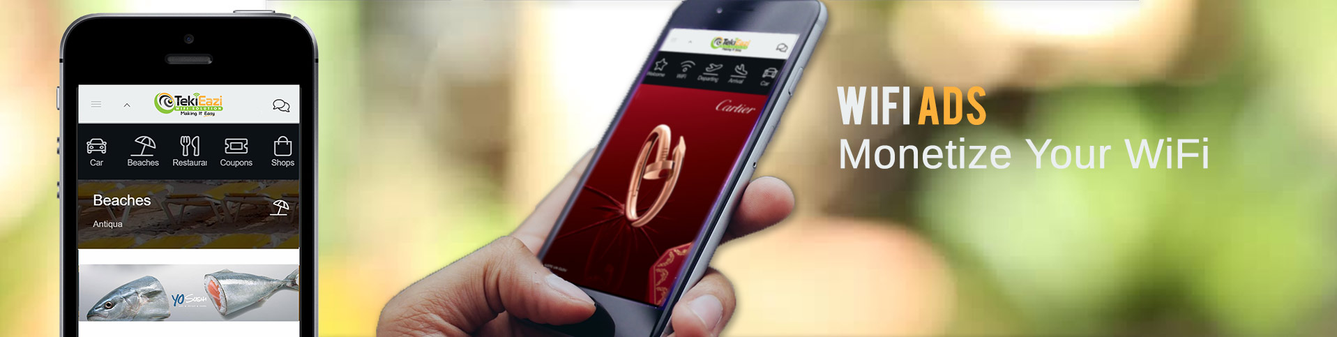 A TekiEazi WiFi portal with menu icons on one phone and a full-screen ad on another, headed WiFi Ads – Monetize Your WiFi